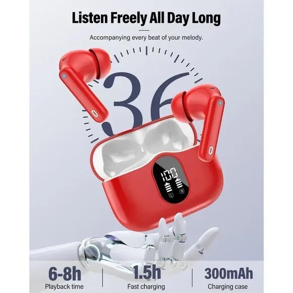 Wireless Earbuds, Bluetooth 5.4 Headphones Bass Stereo with Noise Cancelling Mic